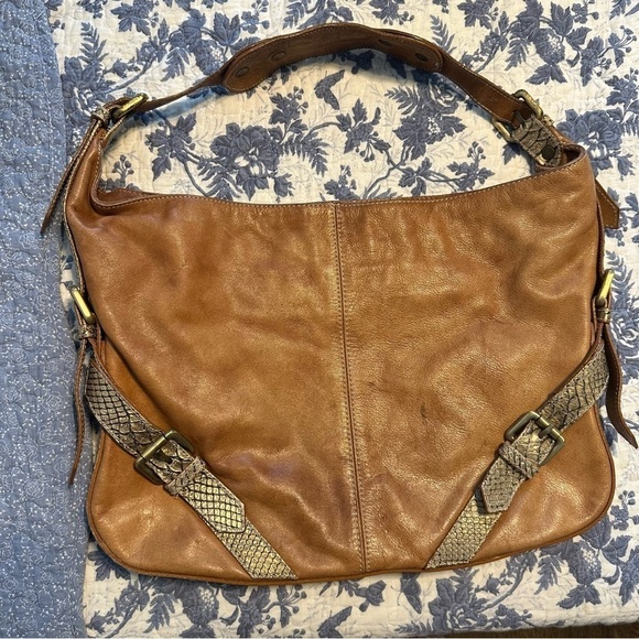 Pulicati Shoulder Bag Italian Made Camel Tan Leather Purse Snakeskin 14.5” x 11” - Picture 3 of 11